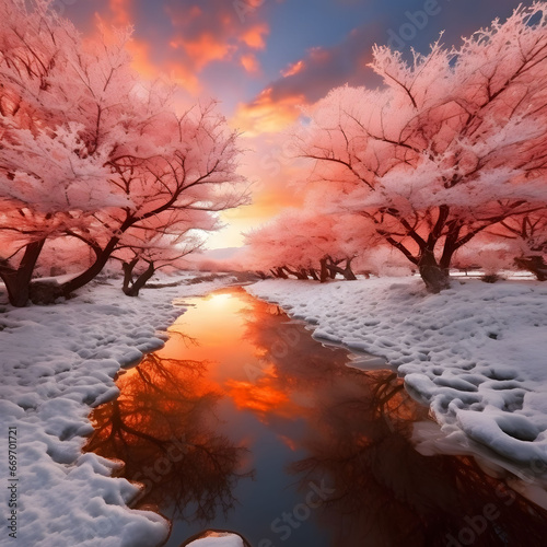 Beautiful winter landscape with river and trees in the snow at sunset. Dramatic sunset over the snowy forest.