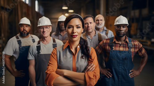 Portrait of confident female supervisor standing in warehouse with her team in background