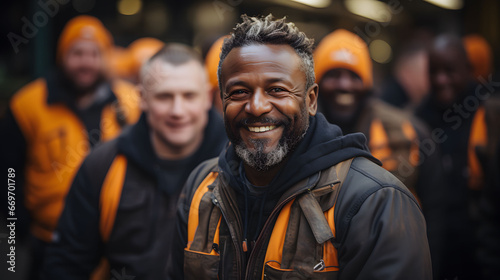 Portrait of smiling african american worker standing in construction site. Portrait of smiling factory worker in front of group of diverse workers. photo