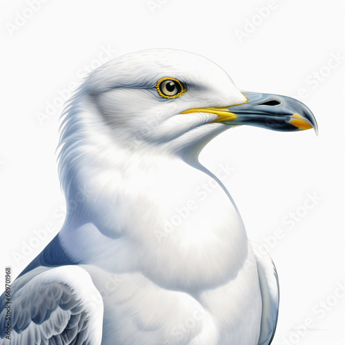 close up of a seagull with human clothes illustration , colored pencil drawing , isolated white background , 