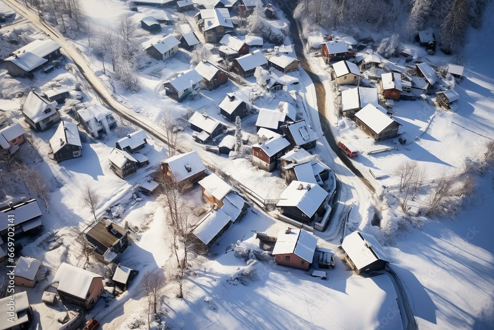 An aerial view of a snowy village during the winter. Generative AI