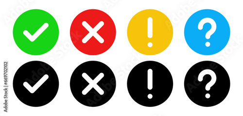 Check mark icon button set. Question mark, information icons. Check box icon with green tick and red cross buttons and yes or no checkmark icons - Faq, support, ask, help signs . Vector illustration