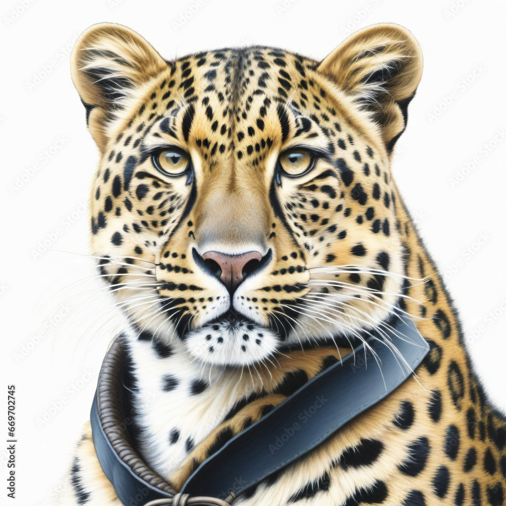portrait of a leopard with human clothes illustration , colored pencil drawing , isolated white background , portrait of a leopard with human clothes illustration , colored pencil drawing , isolated white background ,