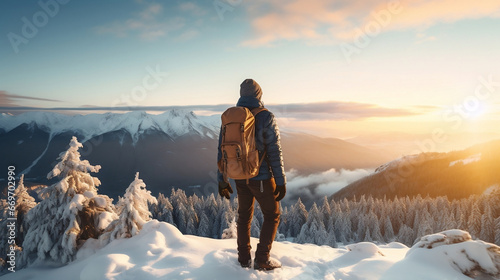 Man hiker on mountains peak in winter. Warm winter sportswear with tourist backpacks in the snowy pine mountains in an incredible sunset. Active rest. Adventure and nature concept. Generative AI.