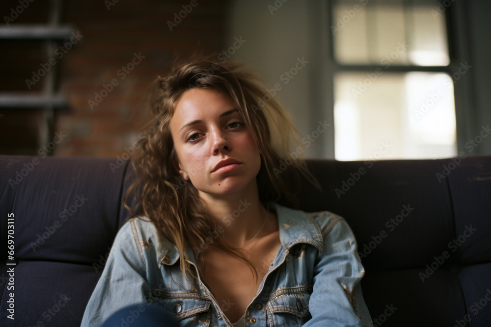 Young woman sits introspectively on a couch in a dimly lit room, exuding a sense of contemplation, vulnerability, and solitude. Her denim jacket and posture hint at a moment of reflection. Young woman sits introspectively on a couch in a dimly lit room, exuding a sense of contemplation, vulnerability, and solitude. Her denim jacket and posture hint at a moment of reflection.