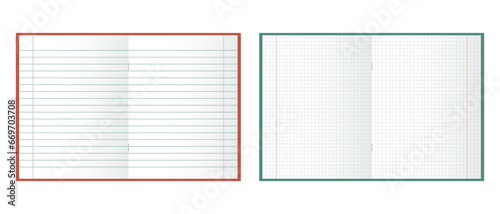 School notebook. Mockup, blank checkered and linear notepads on white background. Illustration, vector