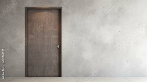 Empty room apartment entrance. simple front wooden door with place for text. Loft interior mockup. Gray concrete texture. generative ai 