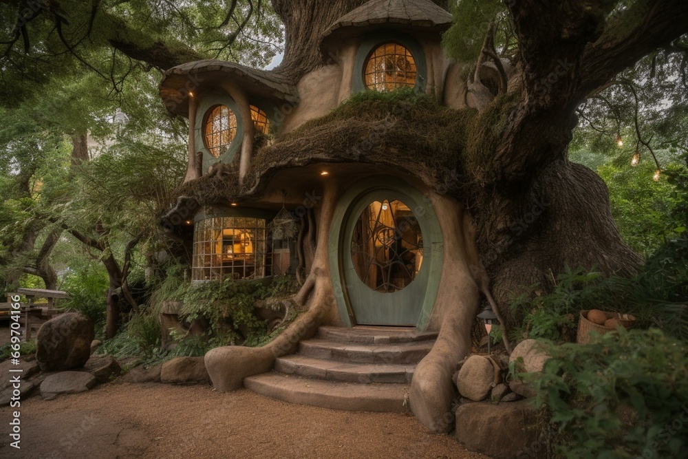 Fairy-inspired dwelling nestled within a majestic tree in a magical realm. Generative AI