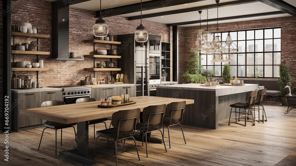 Fototapeta premium A chic urban loft kitchen with industrial pendant lights and an open-concept design