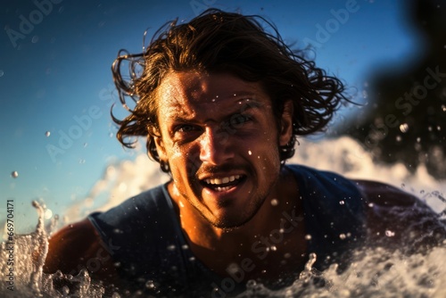 East Indian Male Surfer Dawn Patrol Background Generative AI © j@supervideoshop.com