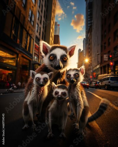 simpatico selfie di gruppo di lemuri su sfondo di città al tramonto