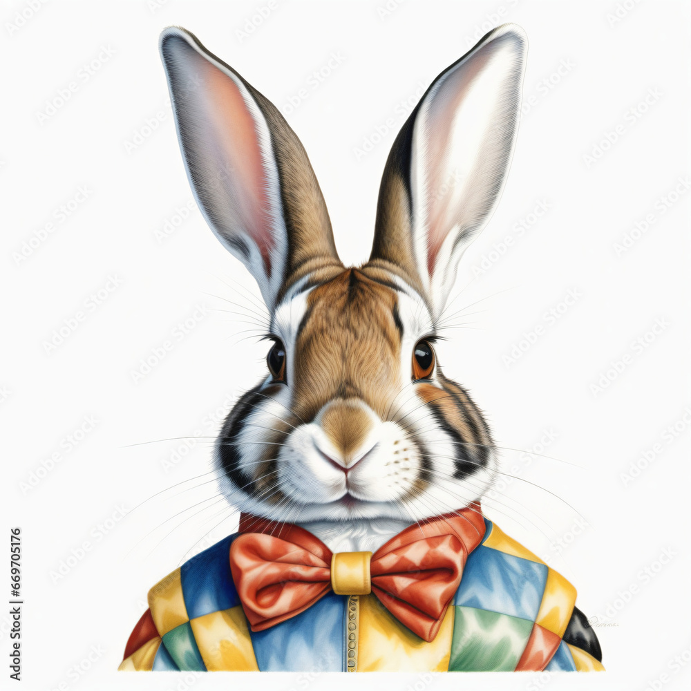 Fototapeta premium easter bunny with human clothes illustration , colored pencil drawing , isolated white background , 