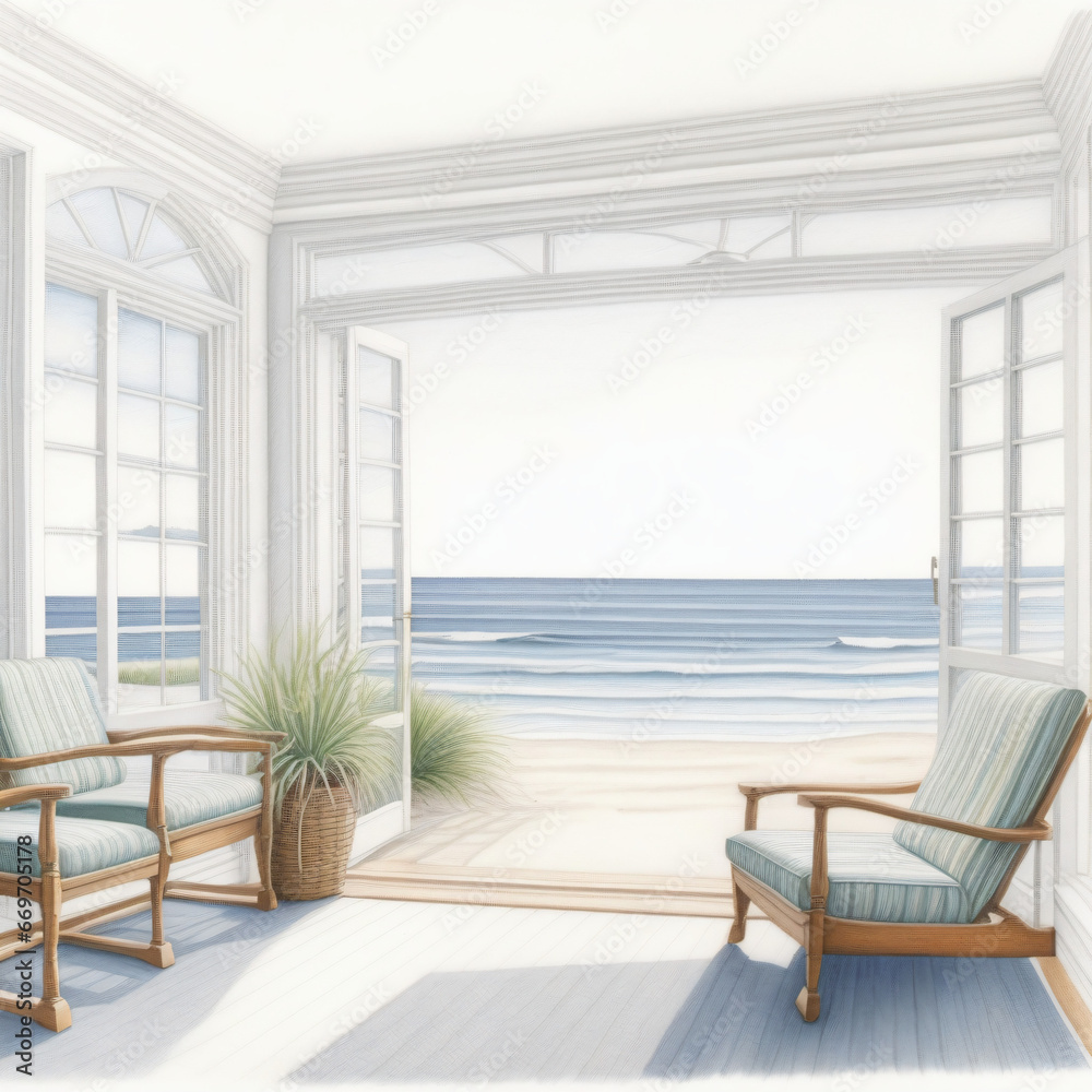 Naklejka premium modern living room with a sea view illustration , colored pencil drawing , isolated white background , 