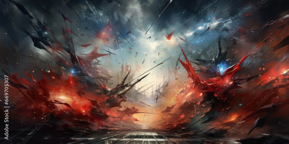Fototapeta premium Abstract background in dark colors with a predominance of red. Concept of anxiety, violence, trouble, war and conflict escalation.