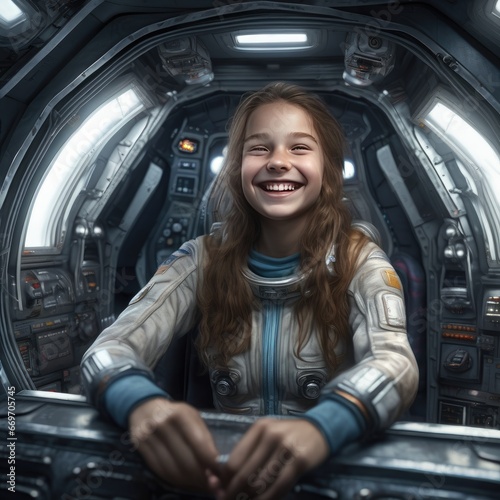 The girl is an astronaut. Brunette girl spaceship pilot