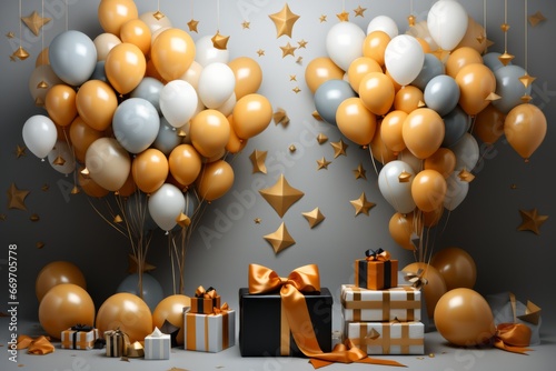 Balloons and presents isolated on white background. Birthday, celebration.
