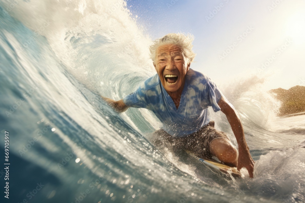 Asian Male Elderly Wave Rider Offshore Background Generative AI