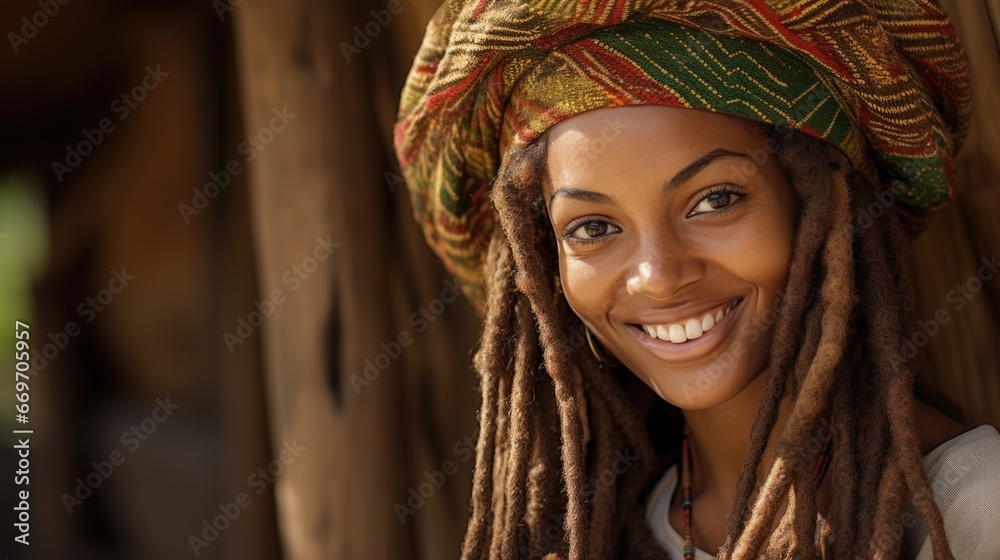 Smiling young Jamaican woman wearing a rasta hat. Smiling young Jamaican woman wearing a rasta hat.