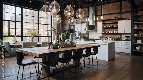 A chic urban loft kitchen with industrial pendant lights and an open-concept design photo