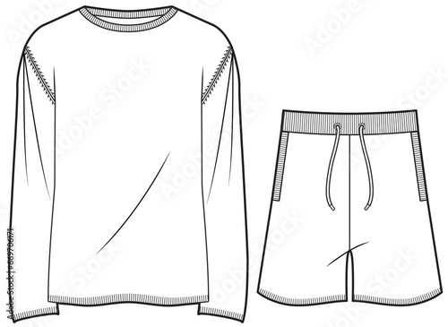 mens long sleeve crew neck drop shoulder sweater and drawstring waist shorts set fashion flat sketch vector illustration technical cad drawing template