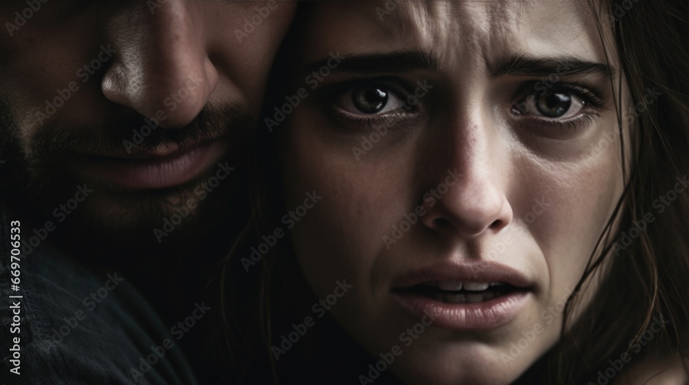 Frightened woman and man in the background. Fear, grief, horror. Frightened woman and man in the background. Fear, grief, horror.
