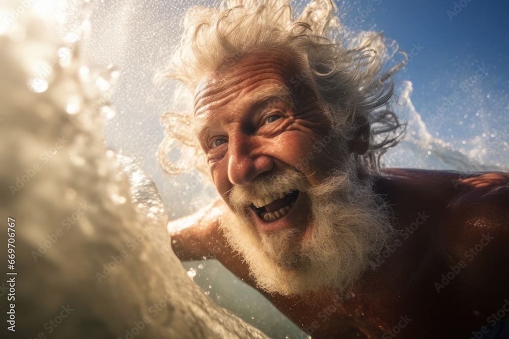 Caucasian Male Elderly Water Surfing Breaking Wave Backdrop Generative AI