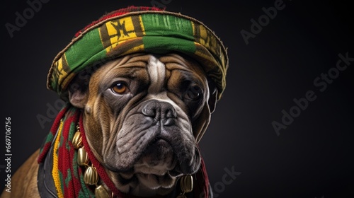 Bulldog in a Rastafarian cap. photo