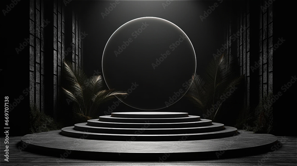 podium in the presentation room with a volumetric wall and plants, interior in black colors, created with Generative AI Technology. - obrazy, fototapety, plakaty 