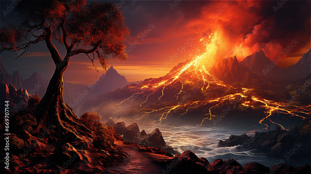 volcanic eruption, flames erupt from the rocks of the mountain and flowing lava, created with Generative AI Technology.