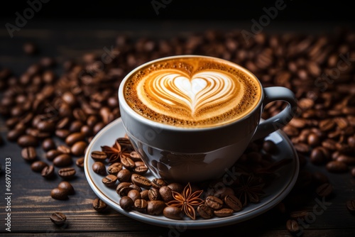 Delicious and aromatic coffee with foam on a brown background. photo