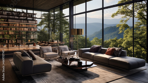 A contemporary living room with floor-to-ceiling windows offering a stunning view of nature © Milan