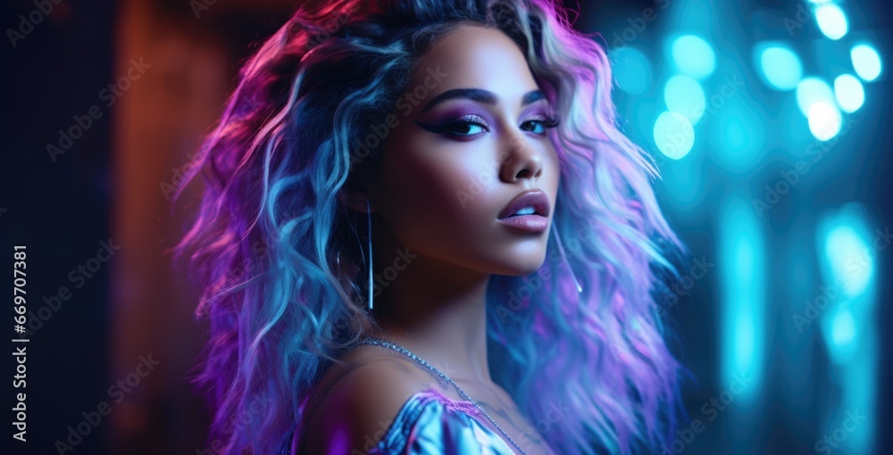 Fototapeta premium Young beautiful woman illuminated in blue and red. Nightlife, parties, lifestyle, relationships.