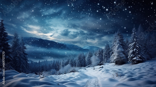 christmas landscape with starry sky, fir trees and snow-capped mountains © 22Imagesstudio