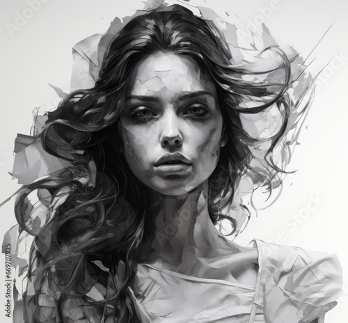A painting-style image of a young beautiful woman. Interior design, fashion and beauty.