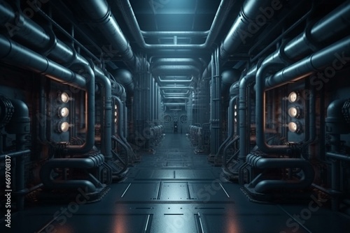Dark sci-fi lab interior with industrial pipeline, rendered in 3D. Wallpaper background for a futuristic atmosphere. Generative AI