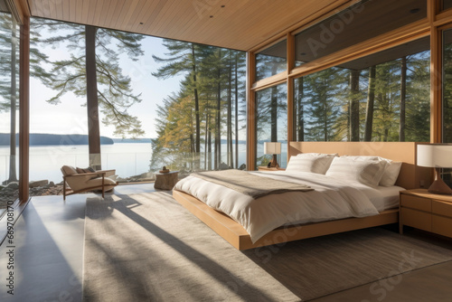 Harmony of Light: A bedroom with expansive, light-filled windows, harmonizing simplicity and comfort, making it an ideal space for rest and rejuvenation