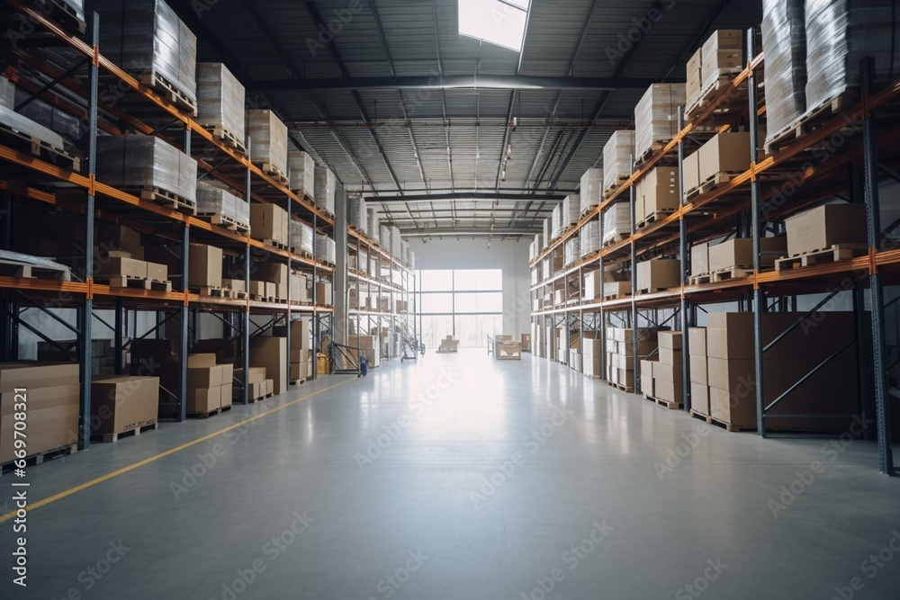 a spacious warehouse with shelves, cartons, and goods. Generative AI