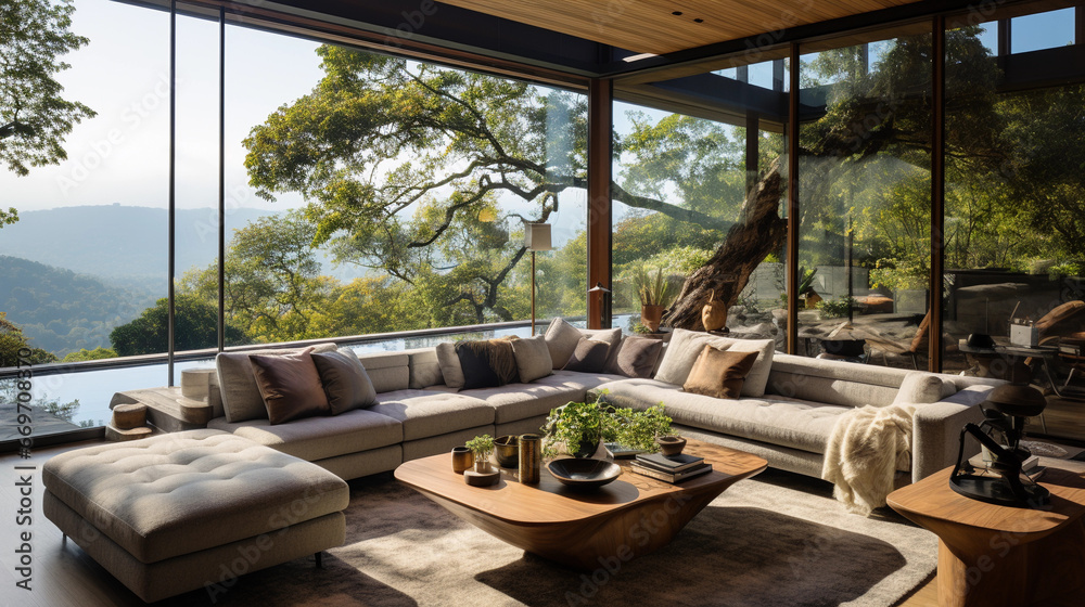 Fototapeta premium A contemporary living room with floor-to-ceiling windows offering a stunning view of nature