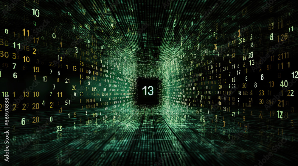 illustration of the unlucky number 13 in a tunnel of numbers - obrazy, fototapety, plakaty 