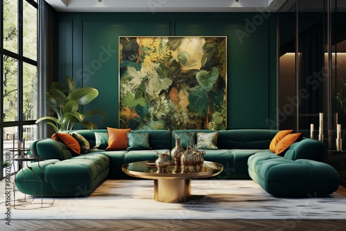 Contemporary lounge area with a vibrant green couch. Generative AI photo