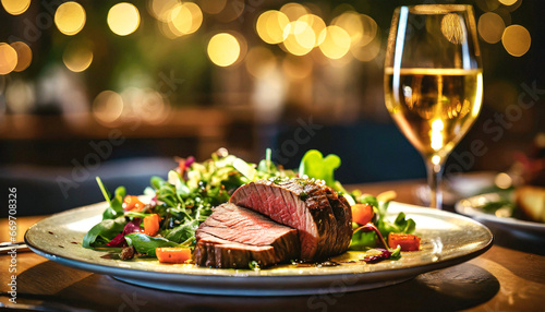 A succulent piece of juicy veal accompanied by mixed salad with a glass of red wine on a bokeh background. Gastronomy. Food and drink.
