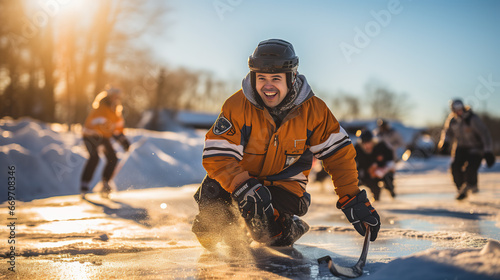 Friends playing outdoor ice hockey