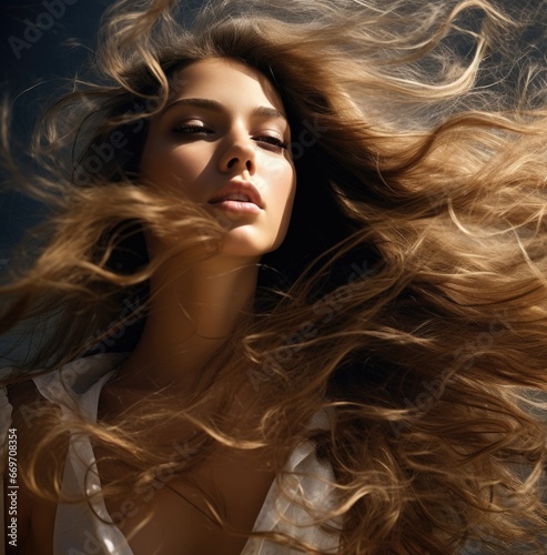 A young redhead, with long dark hair flowing in the wind. Women's beauty, hair care.