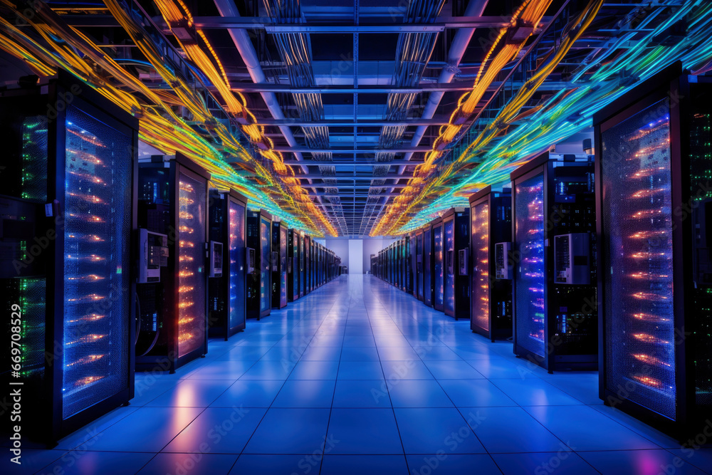 Techno Illumination: A server room illuminated by neon lights and tangled multicolored wires, portraying the futuristic essence of data management Techno Illumination: A server room illuminated by neon lights and tangled multicolored wires, portraying the futuristic essence of data management