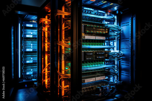 Techno Overload: A server room illuminated by colorful wiring and LEDs, capturing the essence of a high-tech environment buzzing with data