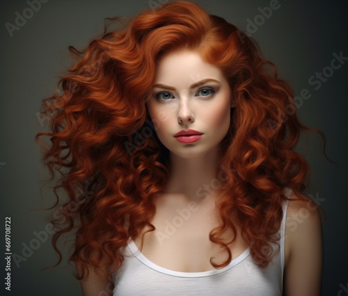 A young redhead, with long dark hair flowing in the wind. Women's beauty, hair care.