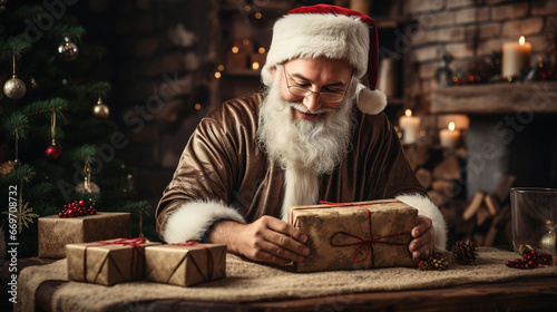 Happy Santa Clause wrapping Christmas gifts