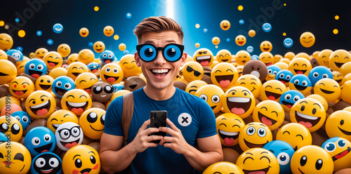 A Man Influencer Holding Up a Smartphone Amidst a Crowd of Emoticons. photo