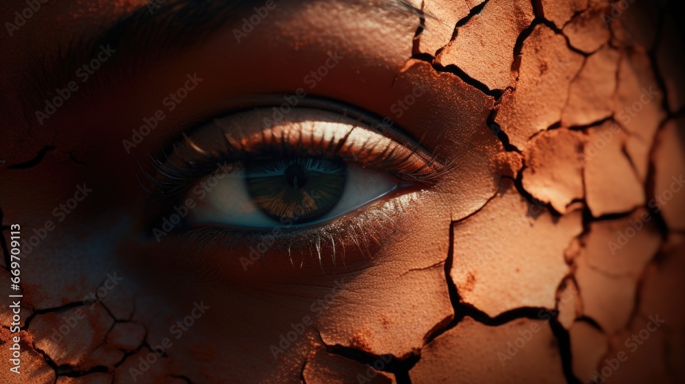 Close-up of a woman's face, cracked like soil from drought. Concept of natural disasters, global warming, natural and humanitarian disasters,