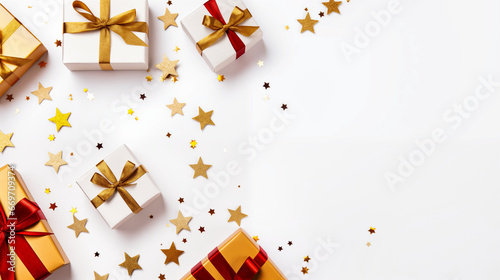 Gift boxes with gold stars and confetti on white background.